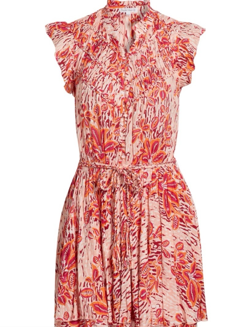 Poupette St. Barth Pink and Orange Floral Tie-Waist Mini Dress